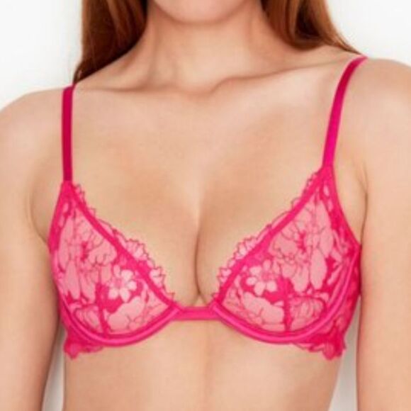 NWT Victoria's Secret Luxe Pink Lace Low Cut Demi Unlined  Bra 32B - Picture 1 of 7
